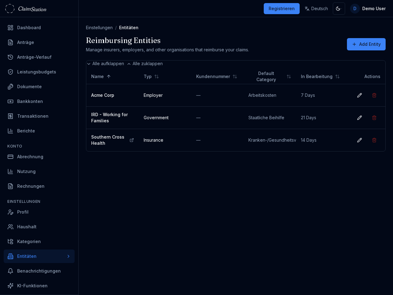 ClaimStation Settings Entities